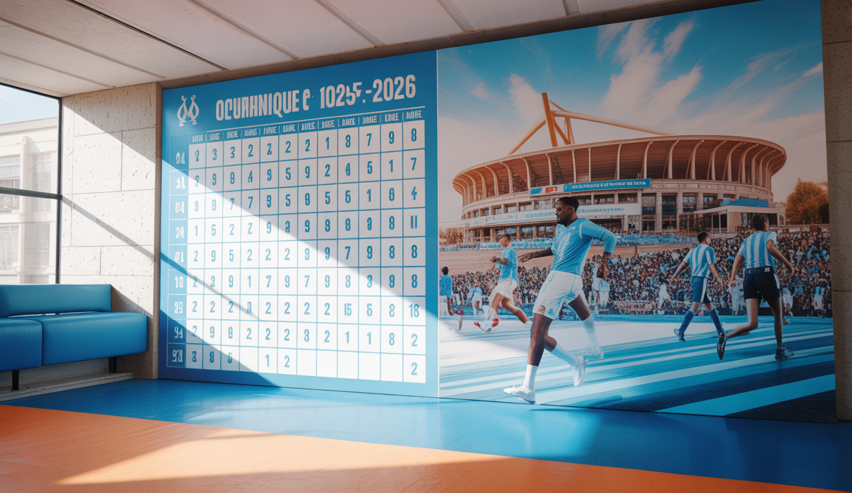 Présentation du calendrier officiel 2025-2026 de l'Olympique de Marseille avec un aperçu du Vélodrome, scènes de matchs, et dates clés de la Ligue 1