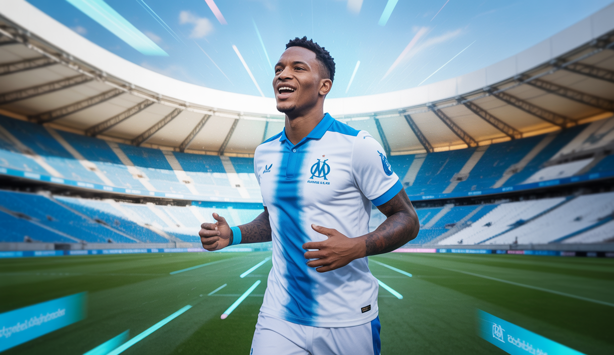 Représentation artistique de CJ Egan-Riley rejoignant l'Olympique de Marseille