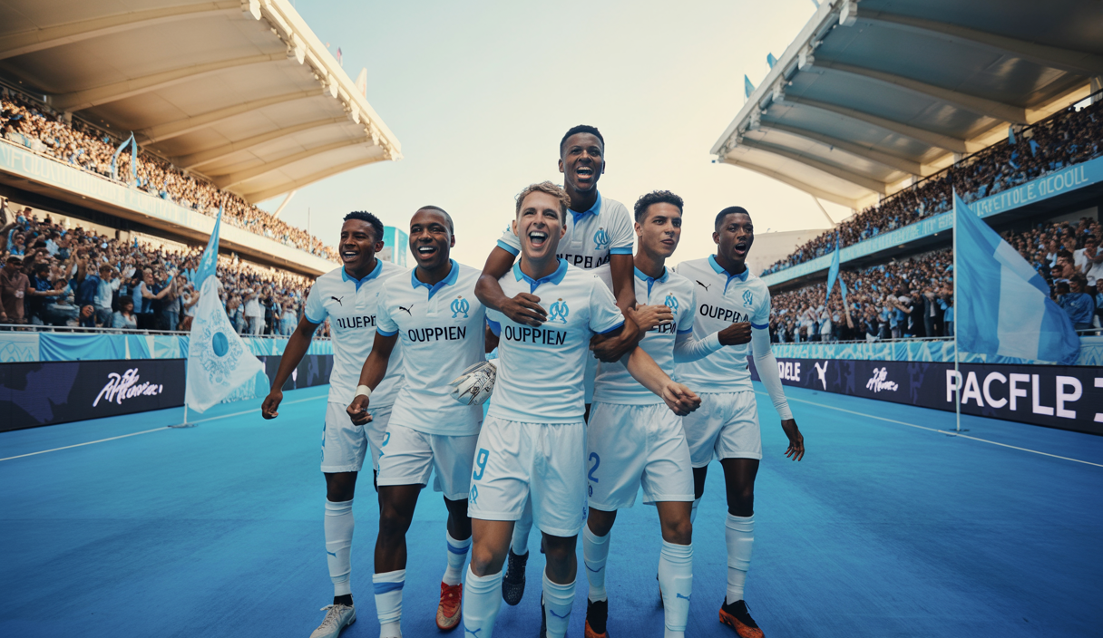 Joueurs de l'Olympique de Marseille célébrant ensemble dans le stade Orange Vélodrome, symbolisant l'esprit d'équipe et la cohésion pour le projet sportif ambitieux de 2025