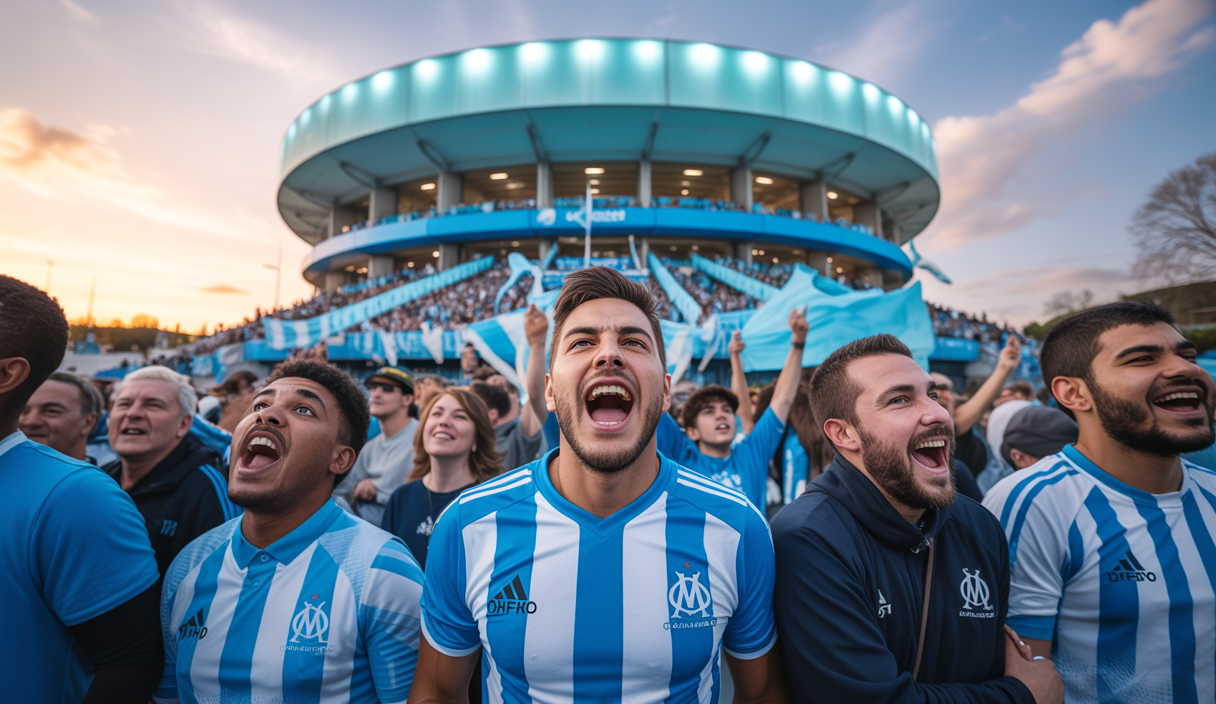 Supporters de l'Olympique de Marseille créant un tifo géant avec des drapeaux bleu et blanc dans un stade moderne lors de la saison 2024-2025