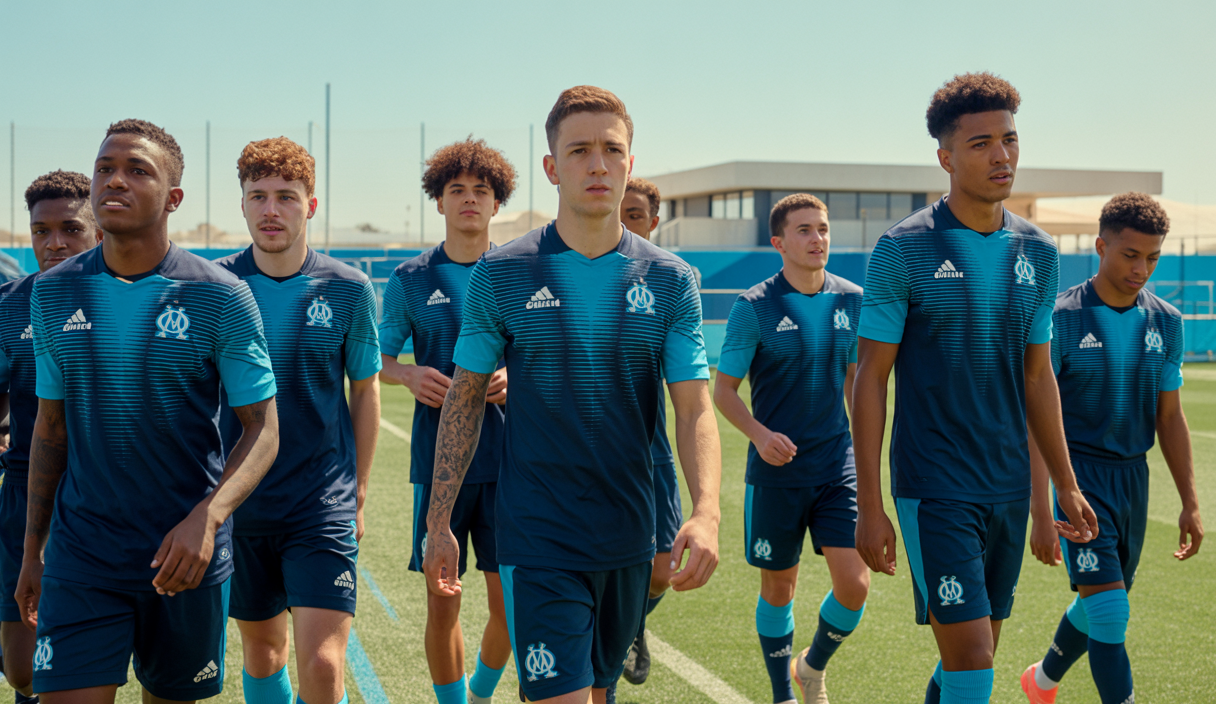 Jeunes joueurs prometteurs de l’Olympique de Marseille en formation sur un terrain d'entraînement moderne, vêtus des maillots officiels bleu et blanc de l’OM, dans un cadre dynamique et inspirant.