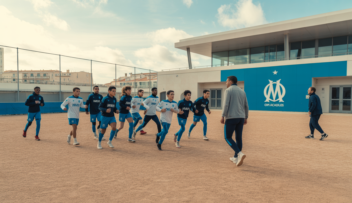 Jeunes joueurs de football de l'Olympique de Marseille en entraînement au centre de formation avec encadrement éducatif et partenariat régional