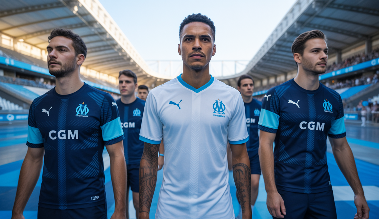 Maillots innovants de l'Olympique de Marseille 2025-2026 avec supporters engagés au stade Vélodrome, symbolisant la connexion renforcée entre le club et ses fans