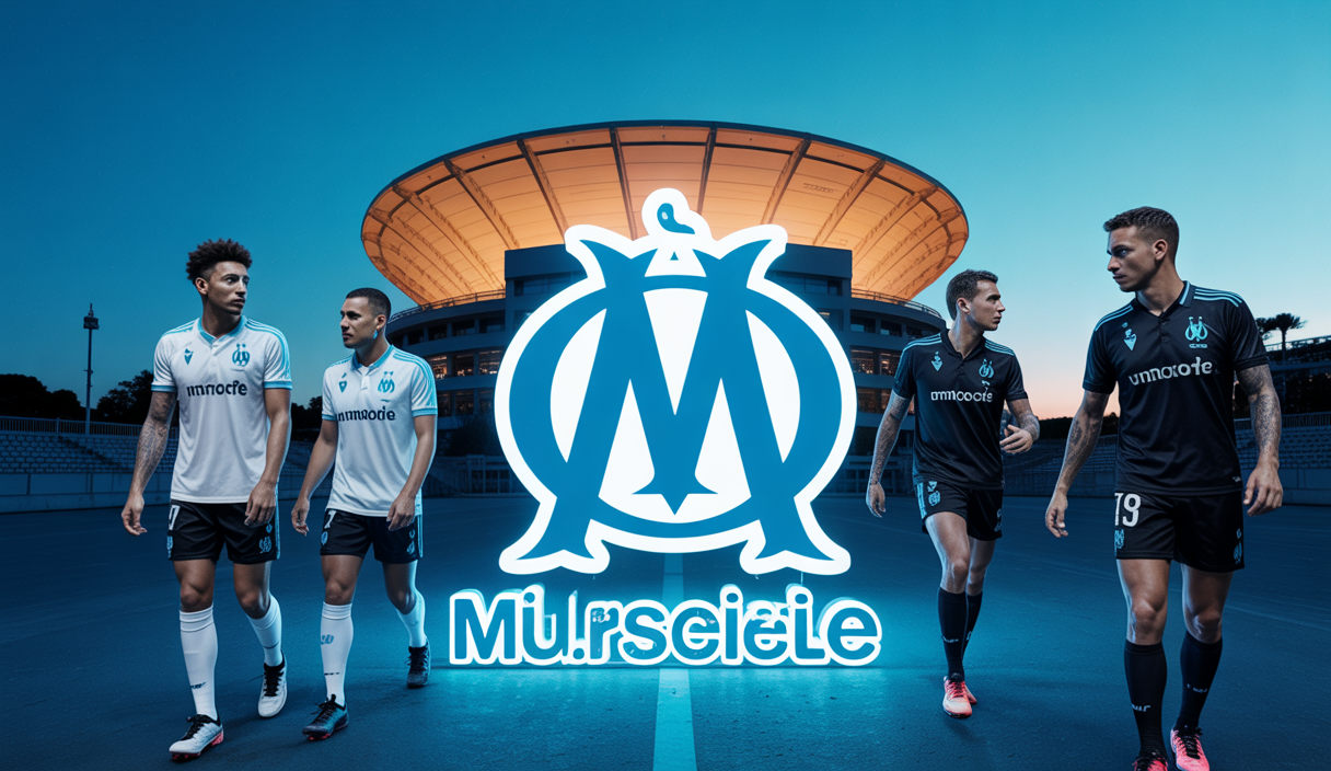 Le logo de l'Olympique de Marseille avec des joueurs en action sur un fond de stade et des motifs dynamiques illustrant un mercato actif