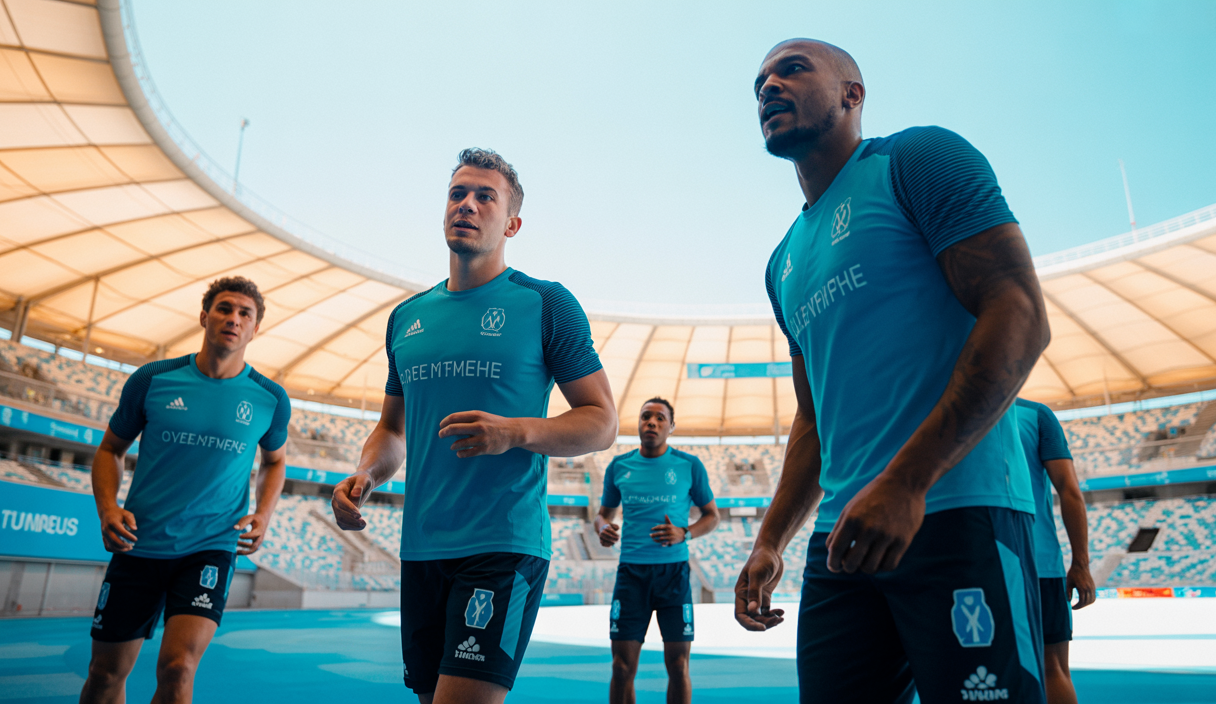 Joueurs de l'Olympique de Marseille en tenue d'entraînement sur le terrain, préparant la saison 2025-2026 dans une ambiance motivée avec le stade Vélodrome en arrière-plan