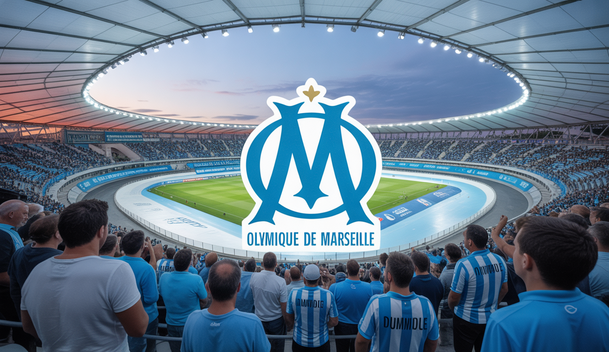 Logo de l'Olympique de Marseille avec un stade en arrière-plan sous un ciel clair, symbolisant la qualification directe en Ligue des Champions 2025-2026
