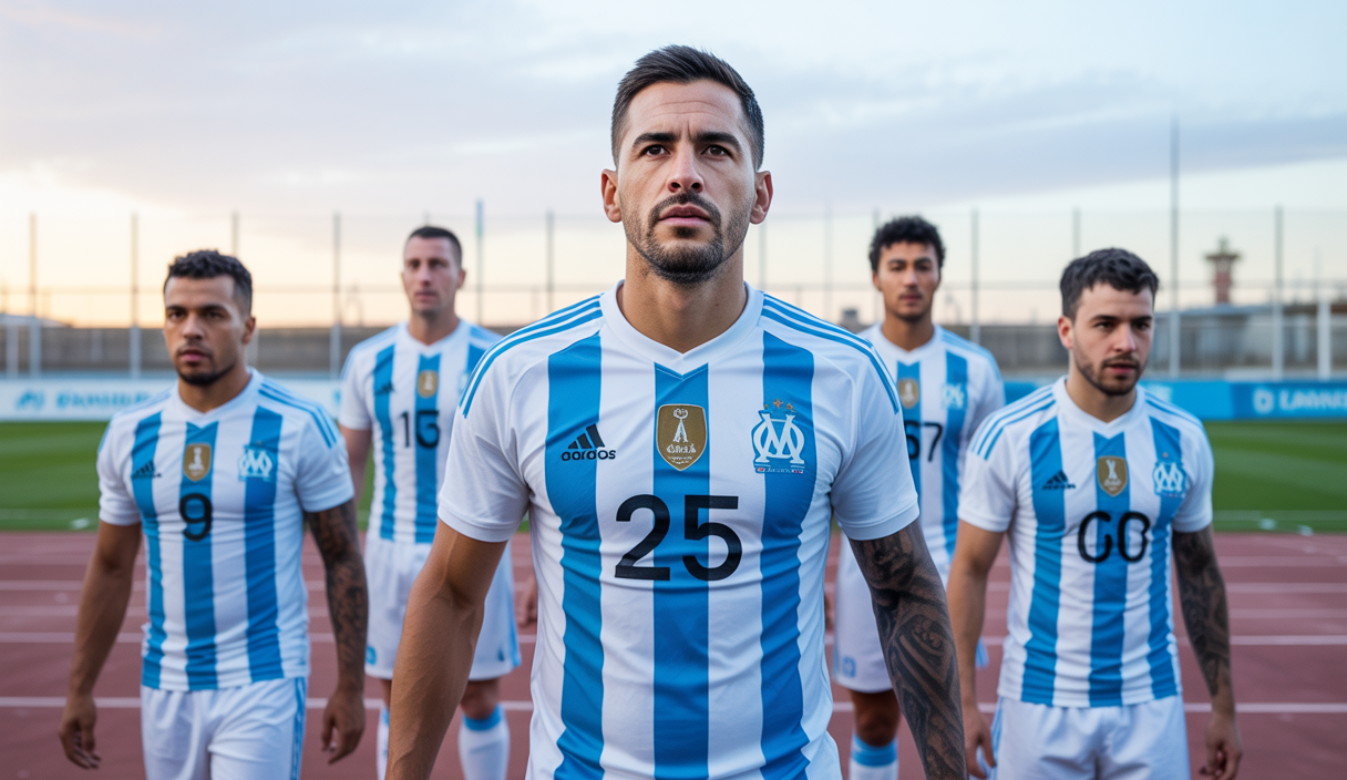 Leonardo Balerdi en tenue de capitaine de l'Olympique de Marseille, entouré de silhouettes floues de défenseurs, stade de football en arrière-plan avec ambiance de préparation estivale