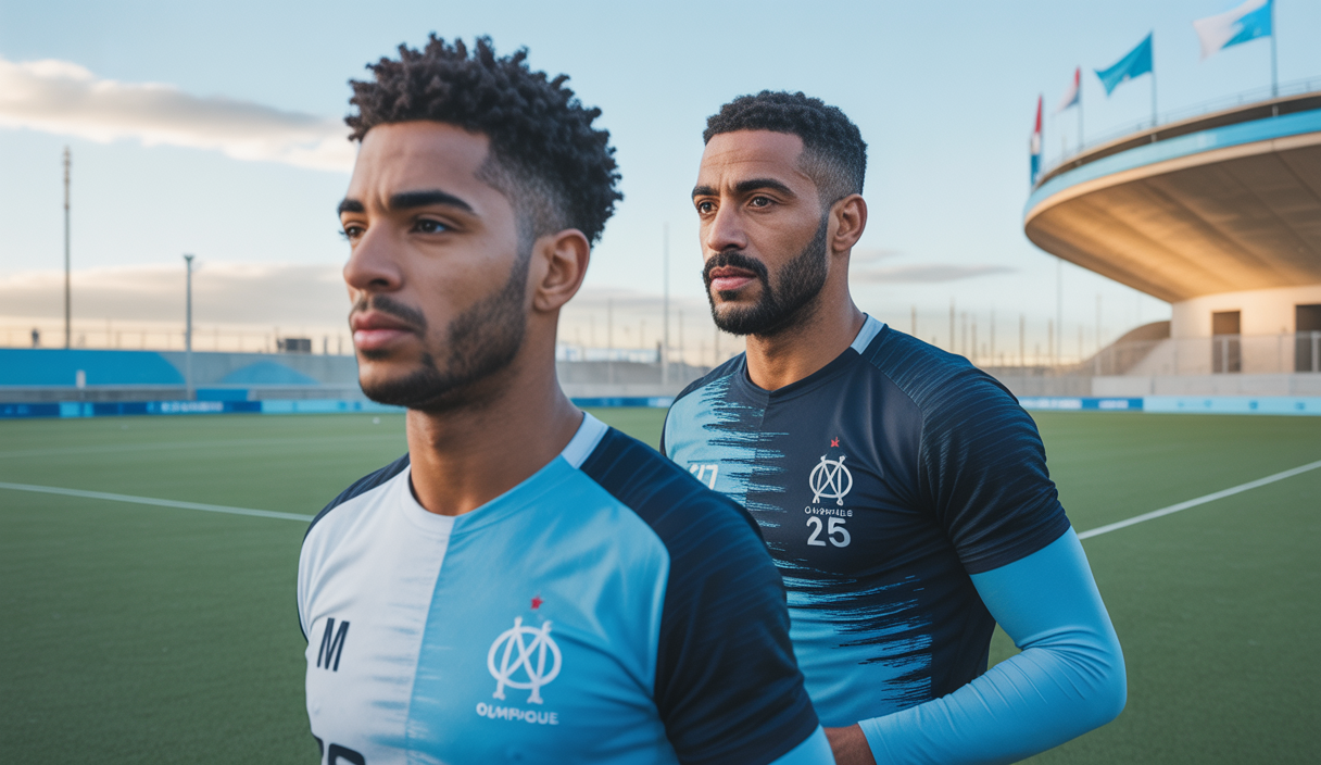 Joueurs de football Azzedine Ounahi et Medina en maillot de l'Olympique de Marseille lors d'une séance d'entraînement sur un terrain de football moderne, sous un ciel clair au soir, ambiance sportive et professionnelle