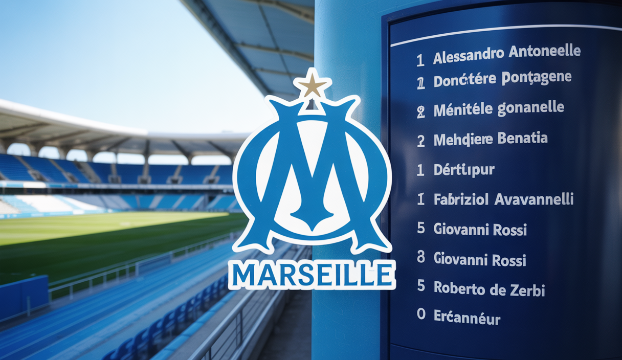 Logo de l'Olympique de Marseille avec un organigramme moderne et dynamique en arrière-plan illustrant la restructuration du club