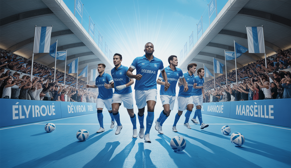 Illustration dynamique de l'Olympique de Marseille dévoilant sa stratégie 2025-2026