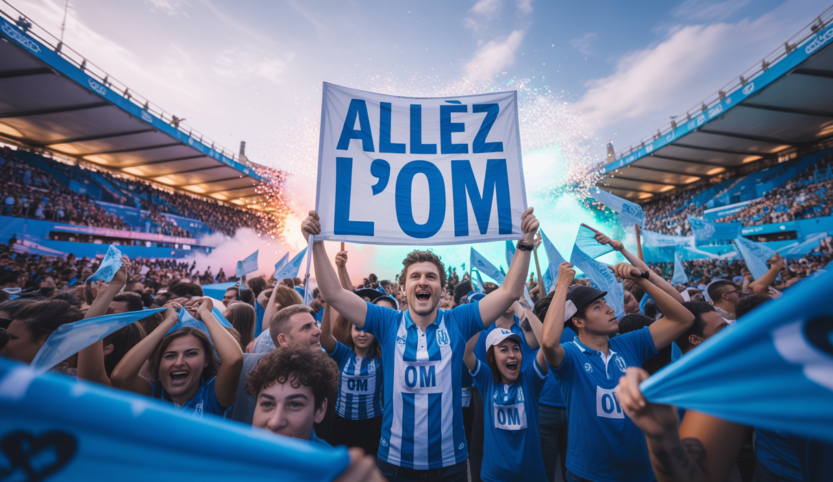 Foule de supporters de l'Olympique de Marseille vibrant ensemble lors d'un événement