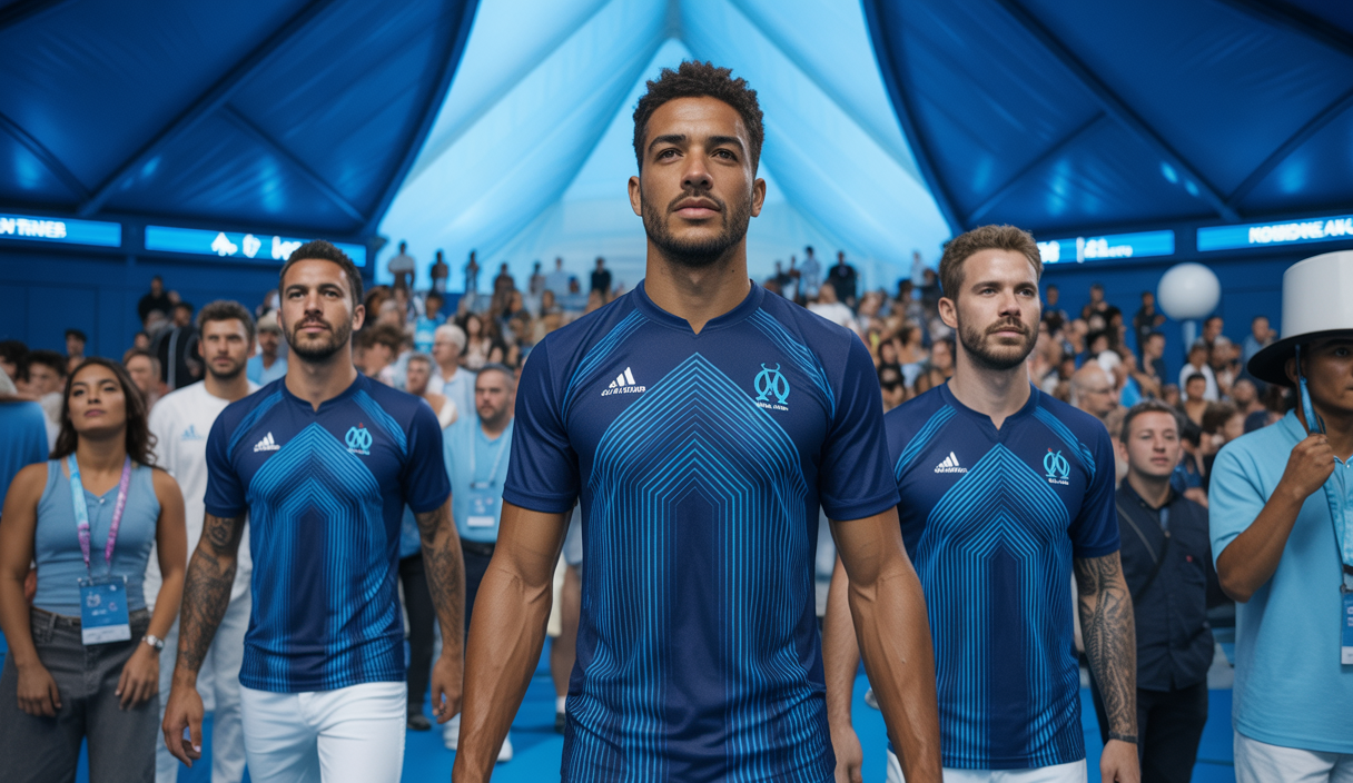 Présentation officielle du maillot extérieur 2025-2026 de l'Olympique de Marseille avec 50 supporters du programme Peuple Bleu&Blanc aux côtés des joueurs dans un stade, ambiance bleue avec motifs graphiques croix phocéenne sur le maillot