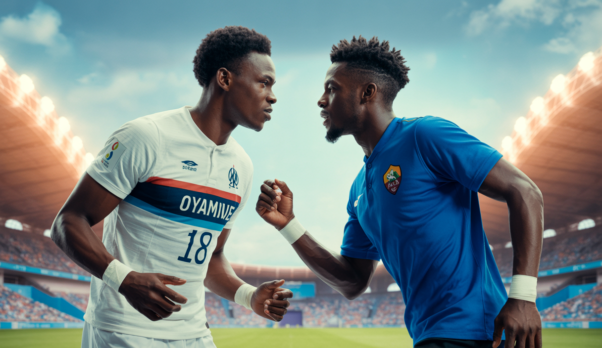 Portraits d'Ismaël Koné et Evan Ndicka en tenue de football, avec un arrière-plan représentant le stade Vélodrome de l'Olympique de Marseille