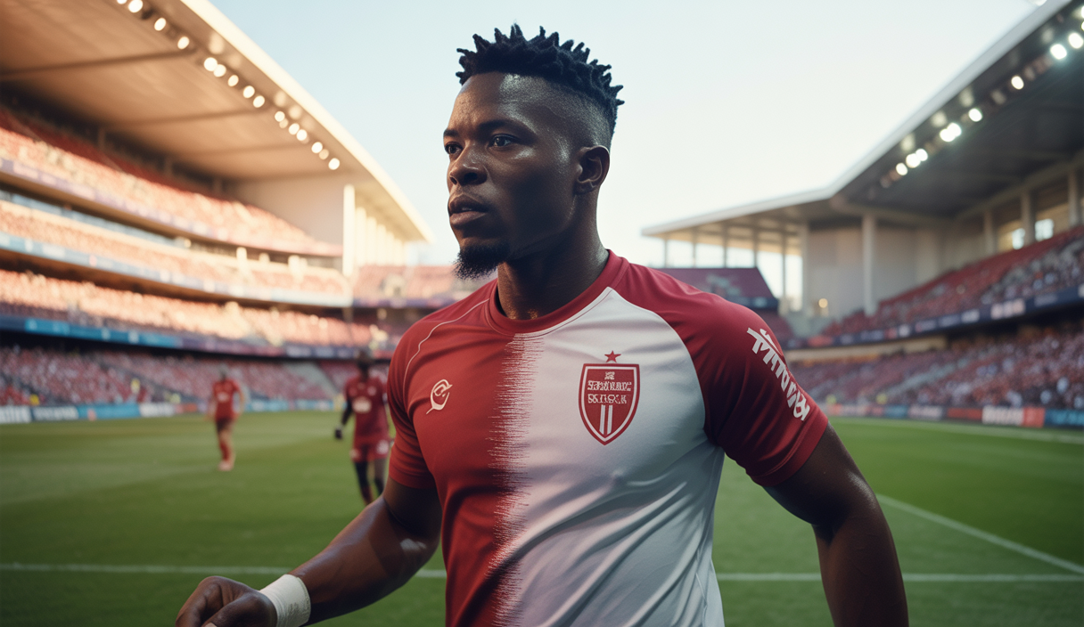Portrait de Sikou Niakaté, défenseur central malien, en action sur un terrain de football avec le maillot du SC Braga, dans un stade portugais moderne et lumineux.