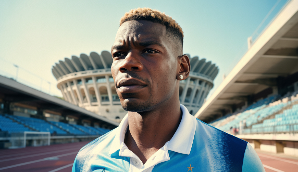 Paul Pogba en maillot de football, avec le stade Vélodrome de Marseille en arrière-plan, exprimant une posture réfléchie et déterminée