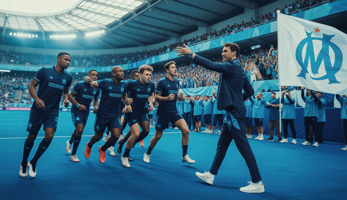 Représentation artistique de l'OM se préparant pour la Ligue des Champions