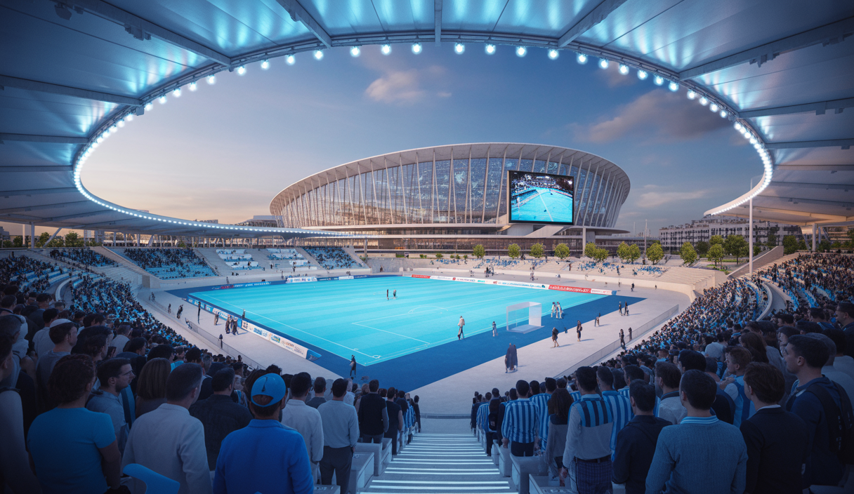 Vue moderne et lumineuse du Stade Vélodrome de Marseille rénové avec sa façade redesignée, éclairage LED 360°, écrans géants et zones VIP, lors d'un match vibrant d'Olympique de Marseille.