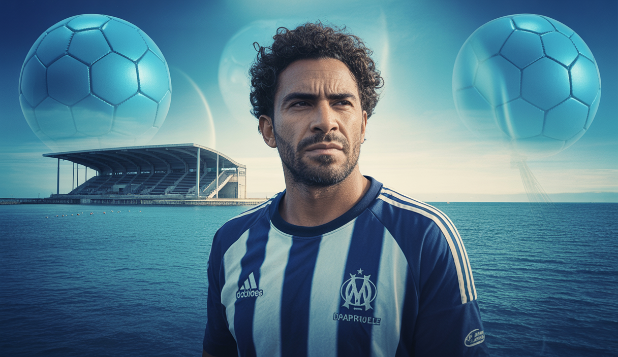 Portrait émotionnel de Roberto De Zerbi, entraîneur de l'Olympique de Marseille, symbolisant l'incertitude et les défis.