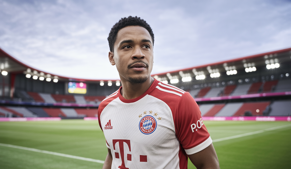 Portrait de Sacha Boey, latéral droit français du Bayern Munich, en tenue de match du Bayern avec le logo bien visible, illustration d'actualité sur un possible transfert à l'Olympique de Marseille en 2025