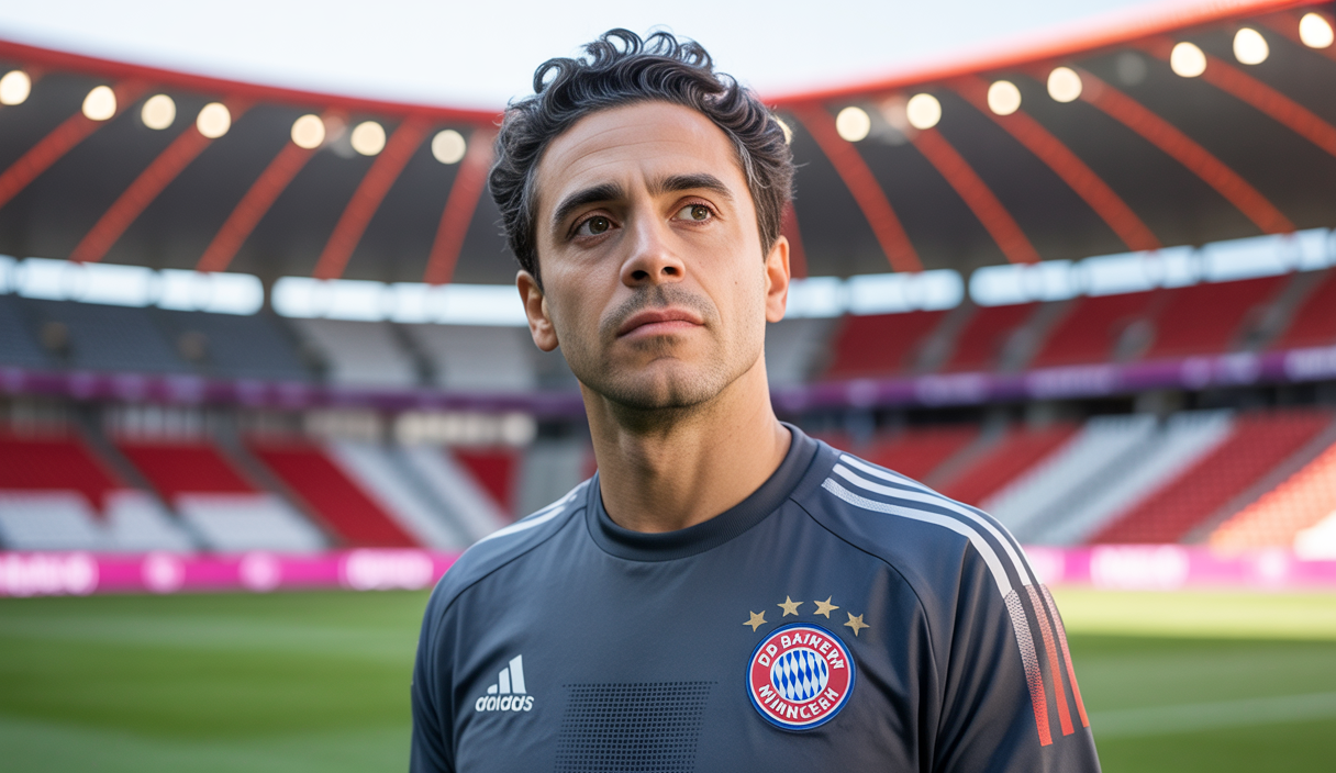 Le latéral droit Sacha Boey en tenue d'entraînement du Bayern Munich, avec le logo du club visible sur le maillot, prêté à l'Olympique de Marseille pour renforcer leur défense lors du mercato d'été 2025.