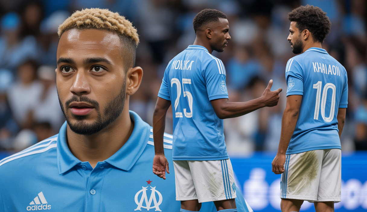 Mise en scène dynamique illustrant la stratégie internationale de l'Olympique de Marseille pour le mercato 2025 avec les négociations clés autour des joueurs Ounahi, Ndicka et Khaoui sur un fond évoquant le football européen moderne
