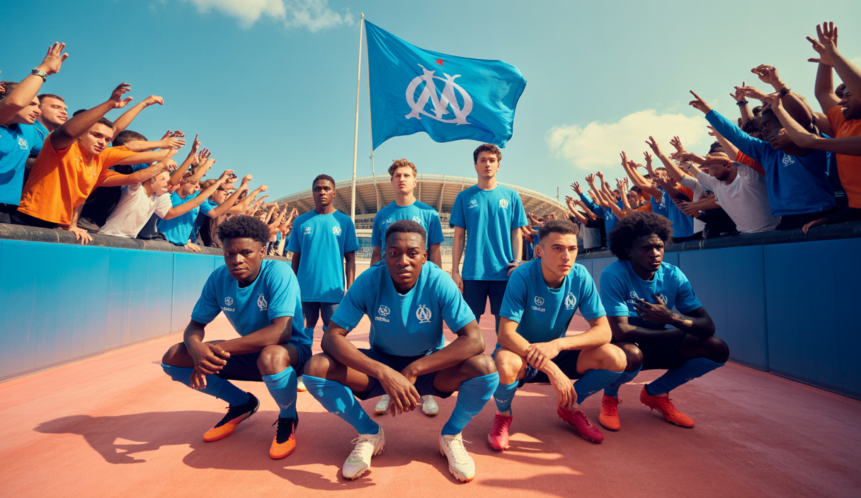 Représentation artistique de la stratégie de l'Olympique de Marseille pour 2025 centrée sur les jeunes talents prometteurs