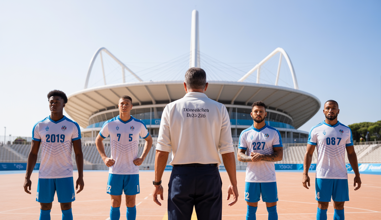 Vue dynamique du recrutement de l’Olympique de Marseille pour la saison 2025-2026 avec joueurs clés et stratégie ambitieuse en arrière-plan au stade Orange Vélodrome