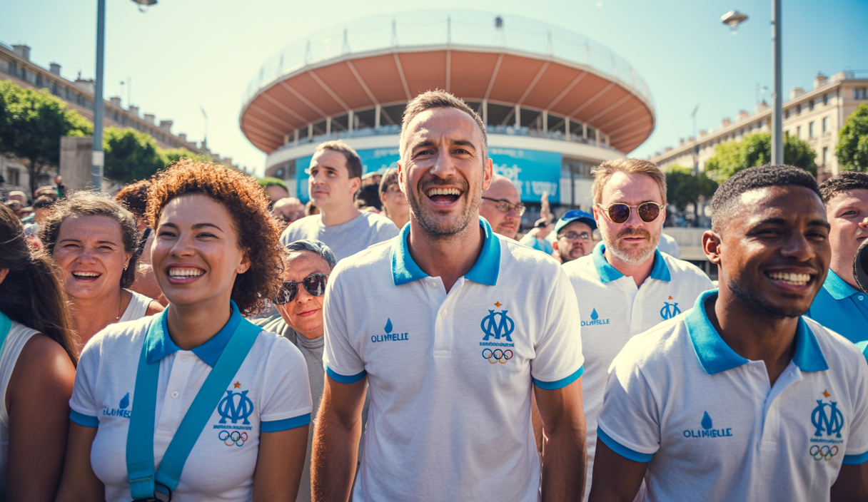 Supporters passionnés de l'Olympique de Marseille célébrant ensemble en été, portant le nouveau maillot blanc et bleu ciel 2025-26, ambiance conviviale et festive aux abords de l'Orange Vélodrome
