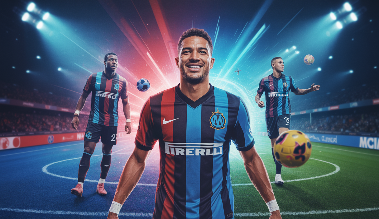 Scène illustrant le transfert de Luis Henrique avec des couleurs vibrantes et une atmosphère professionnelle