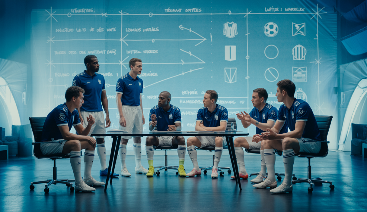 Scène dynamique illustrant le mercato de l'Olympique de Marseille.