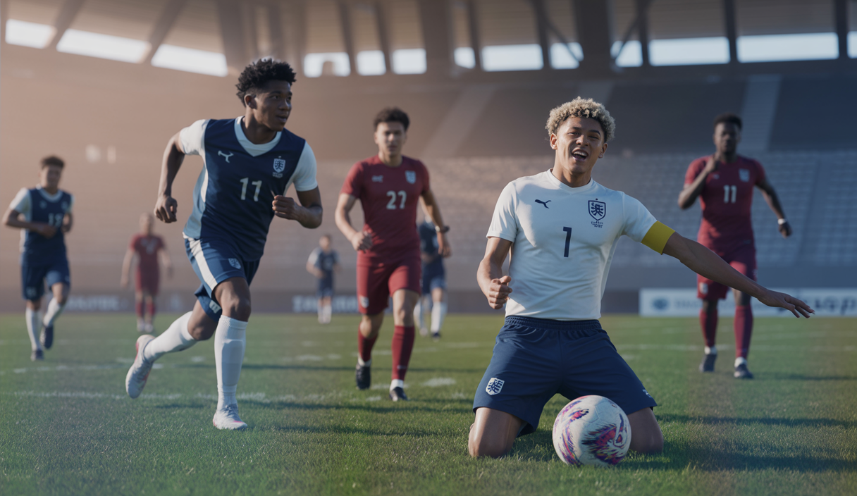 Joueurs de l'équipe d'Angleterre U21 célébrant la victoire 3-2 contre l'Allemagne en finale de l'Euro 2025 à Bratislava, avec Jonathan Rowe marquant le but décisif en prolongation