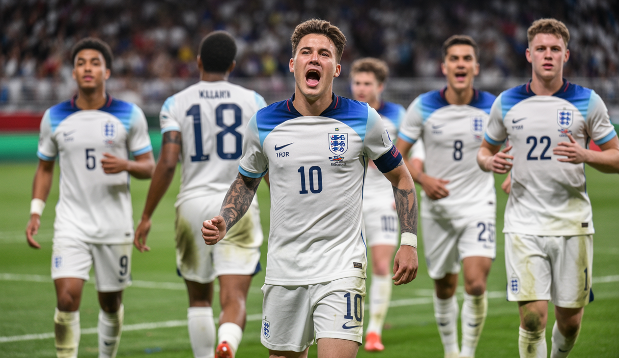 Célébration intense de l'équipe d'Angleterre U21 brandissant le trophée de l'Euro 2025 après une victoire 3-2 en prolongation contre l'Allemagne, au Stade national de Bratislava.