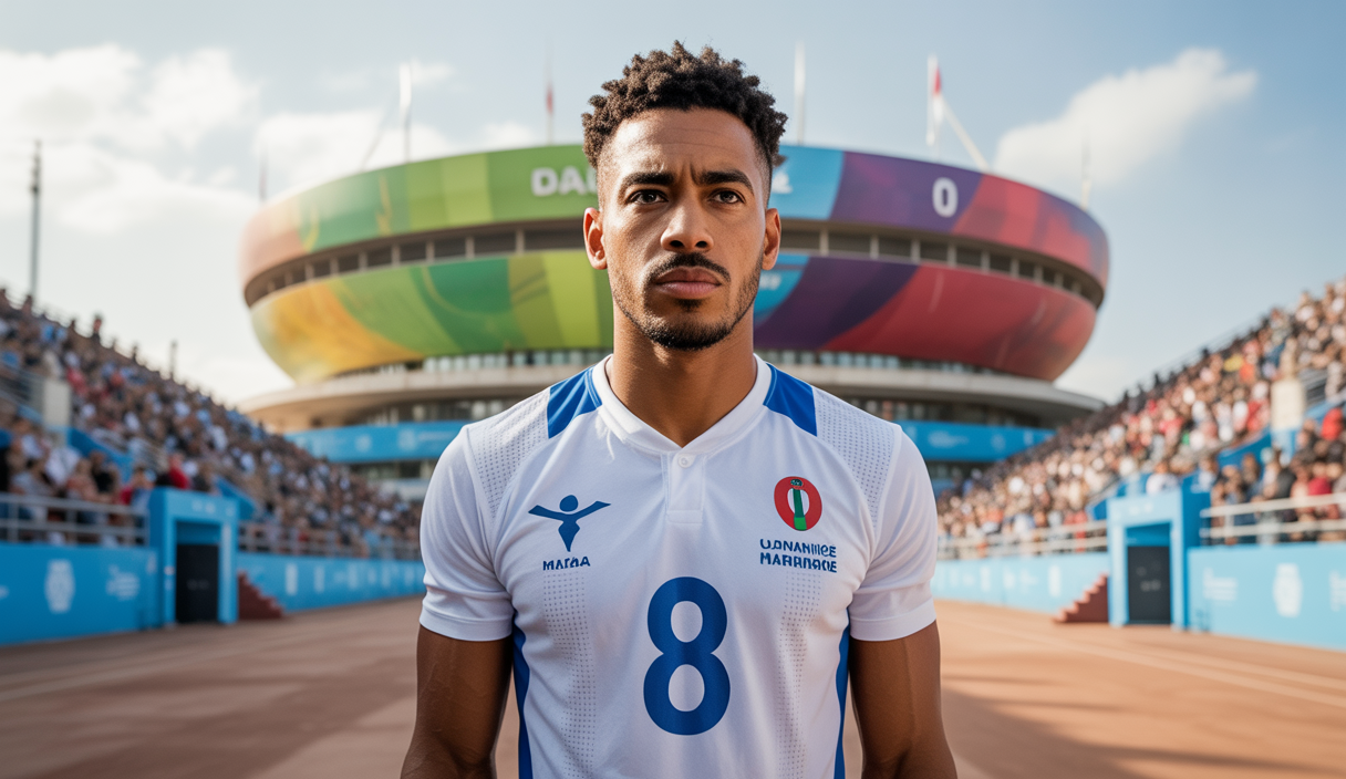 Milieu de terrain marocain Azzedine Ounahi, refusant une offre du Spartak Moscou, pose devant un stade européen symbolisant son choix d'un projet sportif ambitieux en vue de la CAN 2025