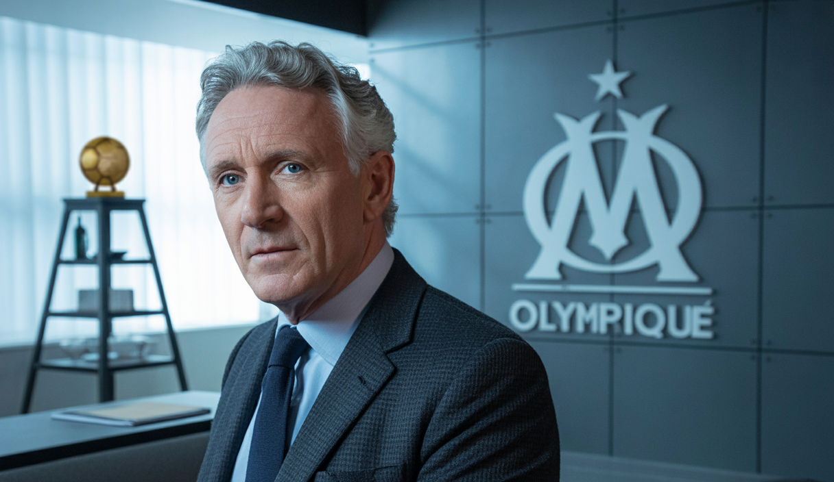 Portrait de Frank McCourt, propriétaire de l'Olympique de Marseille, lors d'une réunion d'affaires dans un bureau moderne, avec en arrière-plan des éléments liés au club de football.