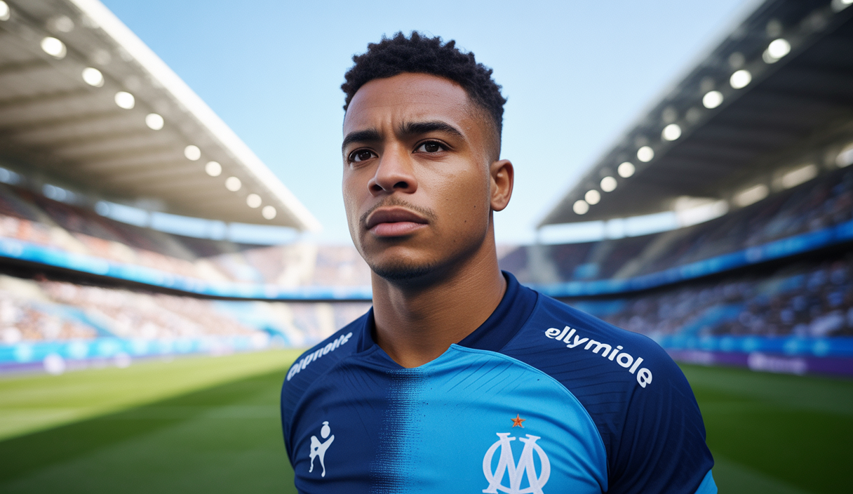 Portrait réaliste de Gerson, joueur brésilien de 24 ans à la peau claire, cheveux noirs courts et yeux marron, en maillot bleu ciel de l'Olympique de Marseille, au milieu d'un match intense de la Coupe du Monde des Clubs 2025, avec un stade moderne et lumineux en arrière-plan.