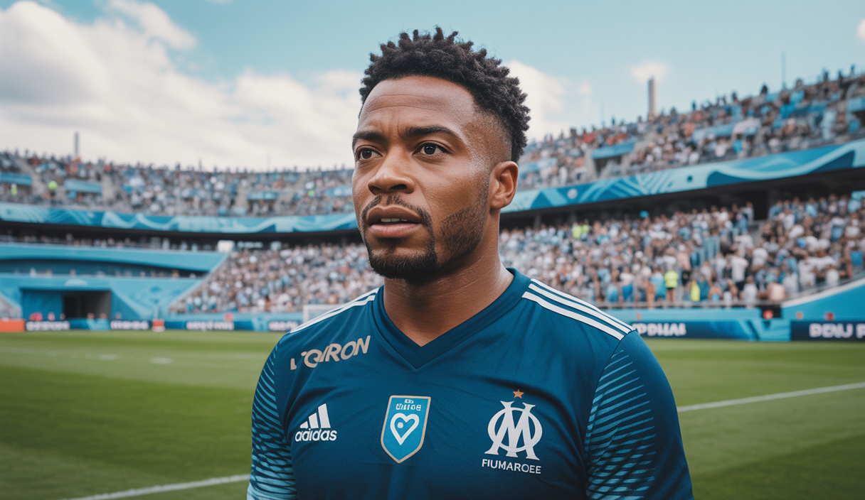 Gerson en action lors de la Coupe du Monde des Clubs FIFA 2025, portant le maillot bleu de l’Olympique de Marseille avec intensité et détermination sur le terrain de football américain aux États-Unis