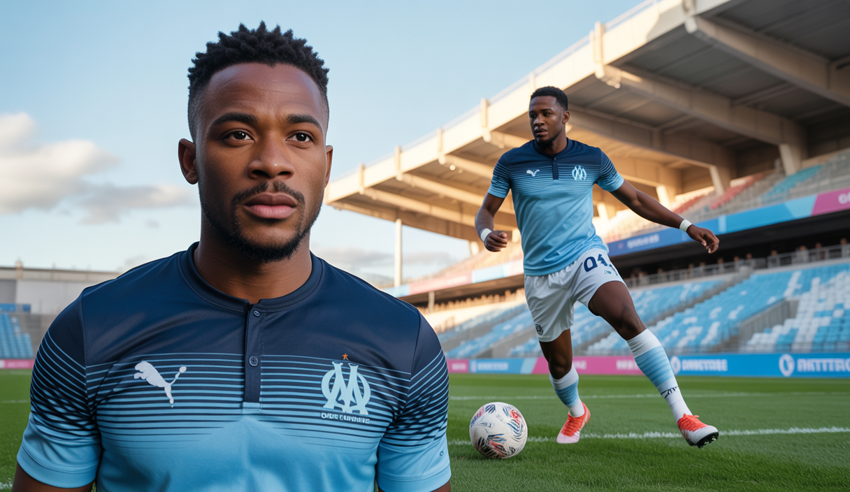 Evan Ndicka en maillot de l'Olympique de Marseille et Hamed Junior Traoré en action sur le terrain de football, symbolisant un mercato ambitieux