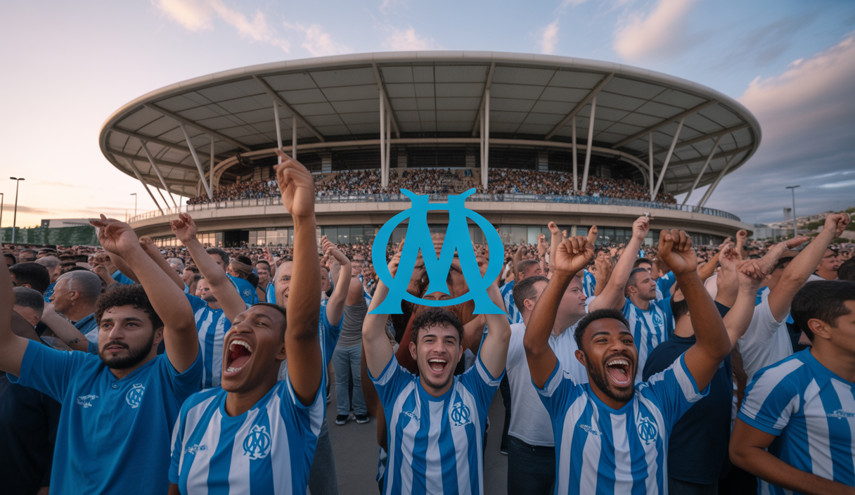 Le logo de l'Olympique de Marseille avec un stade de football rempli en arrière-plan, symbolisant la qualification directe en Ligue des Champions 2025-2026