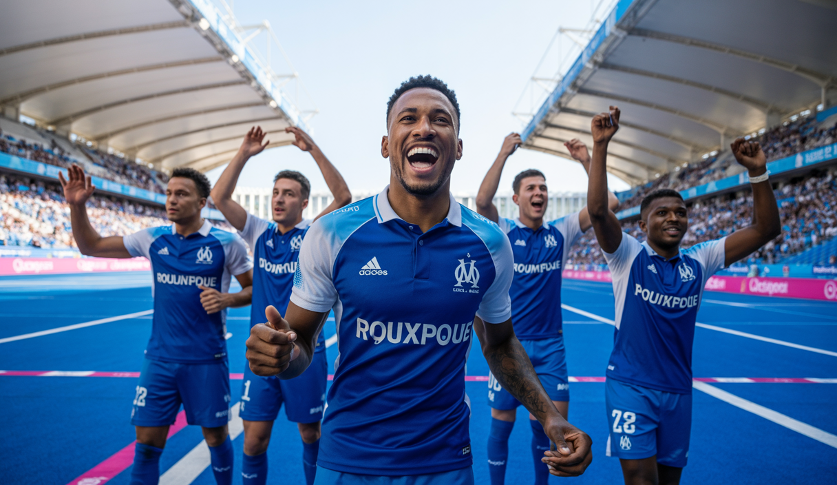 Joueurs de l'Olympique de Marseille célébrant leur qualification pour la Ligue des Champions 2025-2026 au stade Vélodrome sous un ciel clair, ambiance de victoire