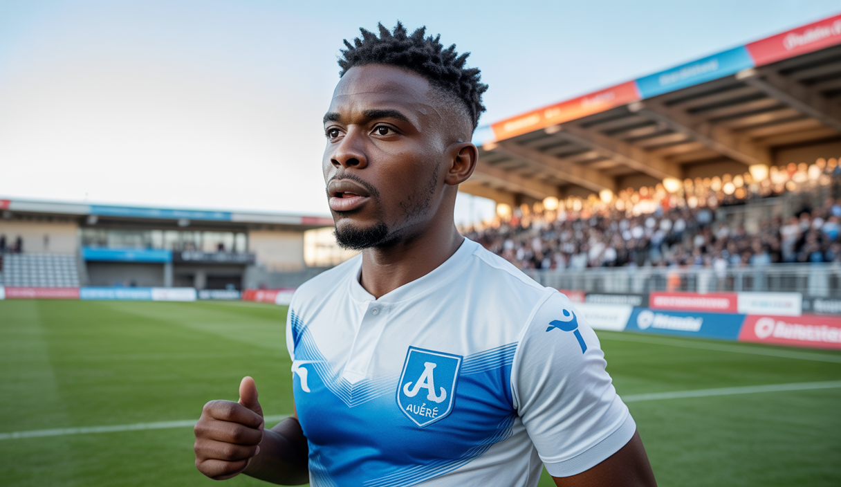 Hamed Junior Traoré en action sur le terrain en maillot d'Auxerre, cliché dynamique illustrant son potentiel offensif visé par l'Olympique de Marseille lors du mercato estival 2025