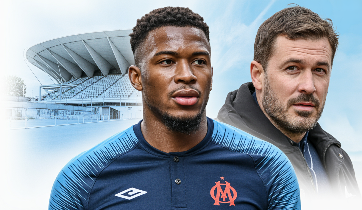 Portrait de Evan Ndicka en tenue de football, avec des éléments évoquant l'Olympique de Marseille et Igor Tudor, dans un style réaliste et dynamique