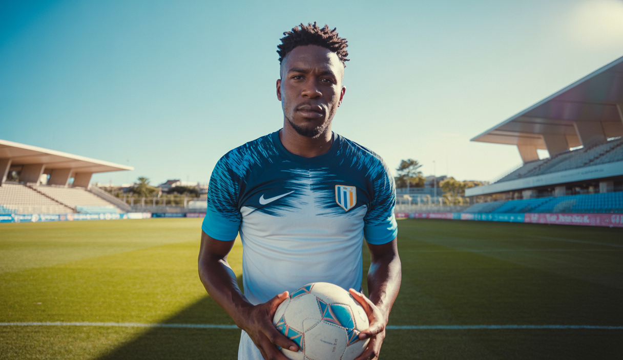 Portrait de Hamed Junior Traoré en tenue de football, debout avec ballon au pied sur un terrain d'entraînement, ambiance estivale