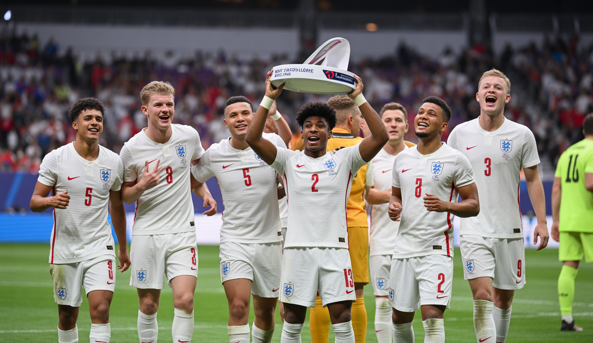 Célébration intense des jeunes joueurs anglais de football sous un ciel crépusculaire au stade Tehelne Pole de Bratislava après leur victoire en finale de l'Euro U21 2025 contre l'Allemagne 3-2 en prolongation.
