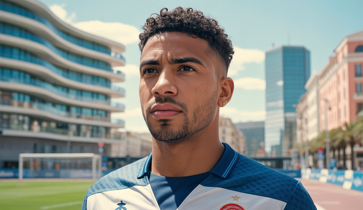 Portrait photo réaliste d'Azzedine Ounahi en tenue de football, visage concentré et déterminé, fond urbain européen moderne