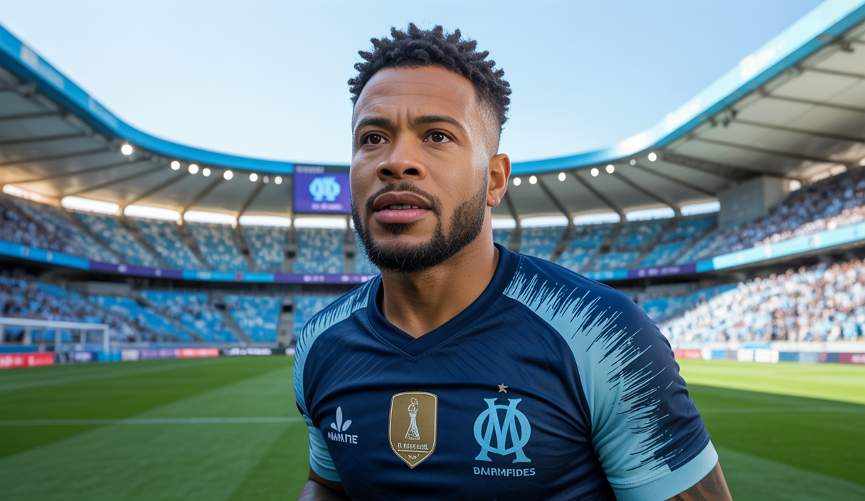 Portrait hyper détaillé de Gerson, joueur clé de l'Olympique de Marseille, en pleine action durant la Coupe du Monde des Clubs 2025, avec un stade moderne en arrière-plan aux couleurs vives de Marseille.