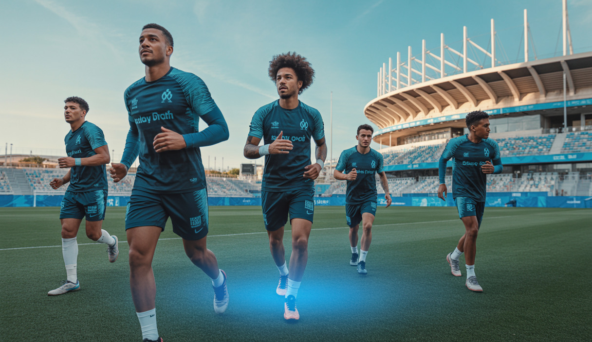Joueurs de l'Olympique de Marseille s'entraînant intensivement avant leur match de Ligue des Champions contre le Real Madrid au stade Santiago Bernabéu en septembre 2025