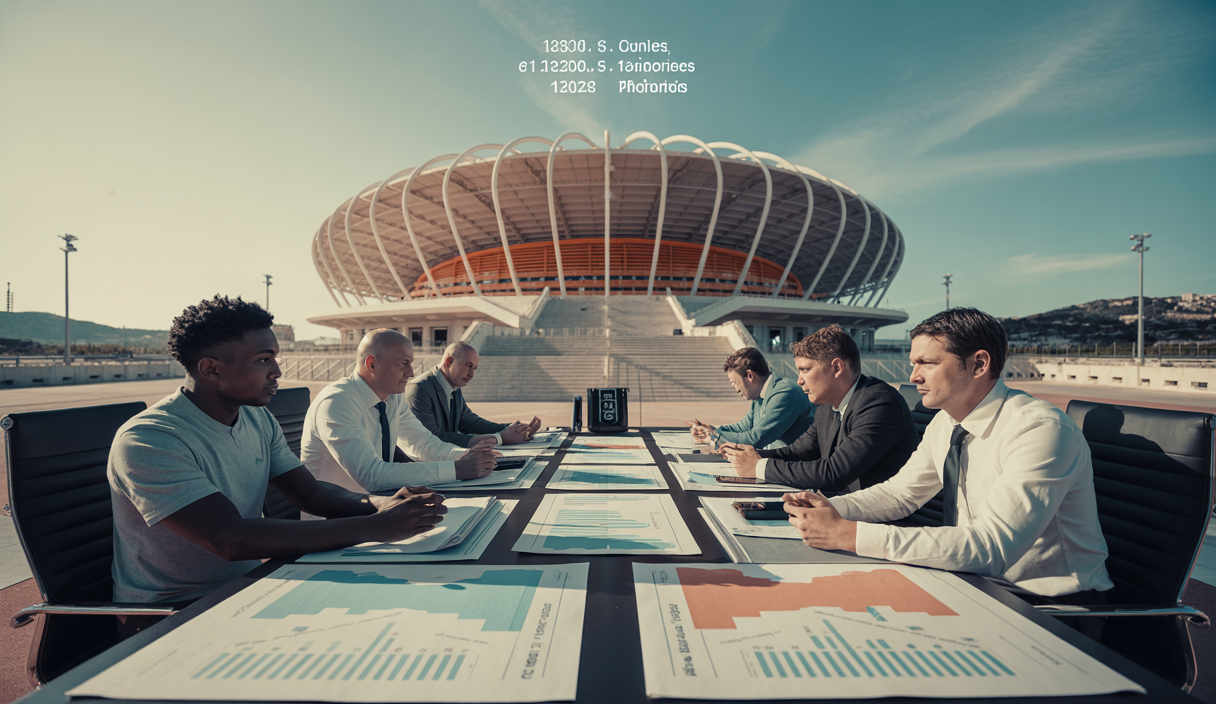 Stade de football de l'Olympique de Marseille avec joueurs en entrainement et graphiques de budget et transferts 2025