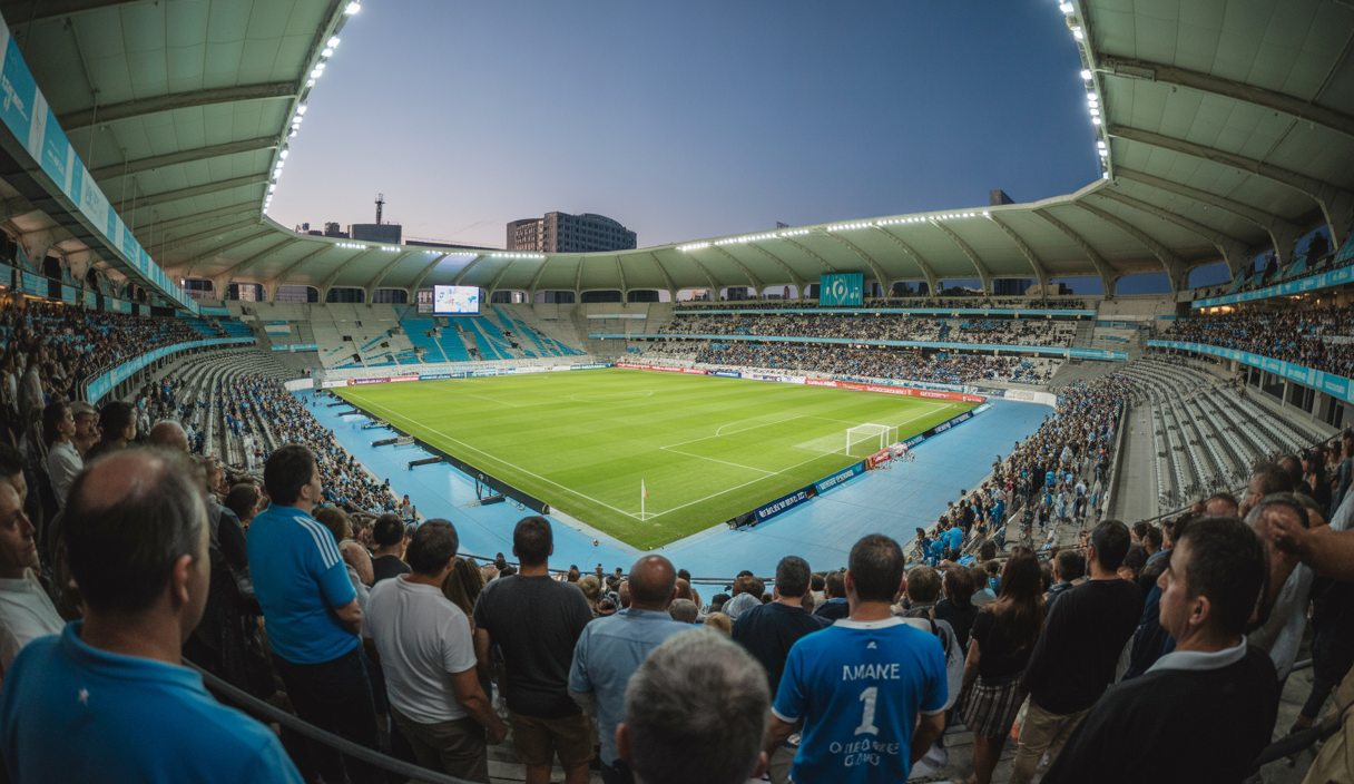 Vue panoramique du Stade Vélodrome rempli à guichets fermés lors d'un match de Ligue des Champions 2025-2026 d'Olympique de Marseille avec une foule enthousiaste et des animations lumineuses nocturnes